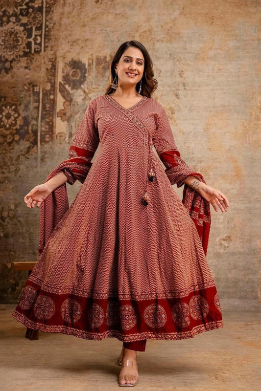 Women’s Cotton Zig Zag Angrakha Anarkali Kurti Set with Pant and Soft Mulmul Dupatta