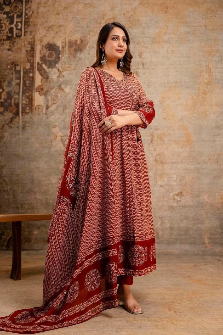 Women’s Cotton Zig Zag Angrakha Anarkali Kurti Set with Pant and Soft Mulmul Dupatta