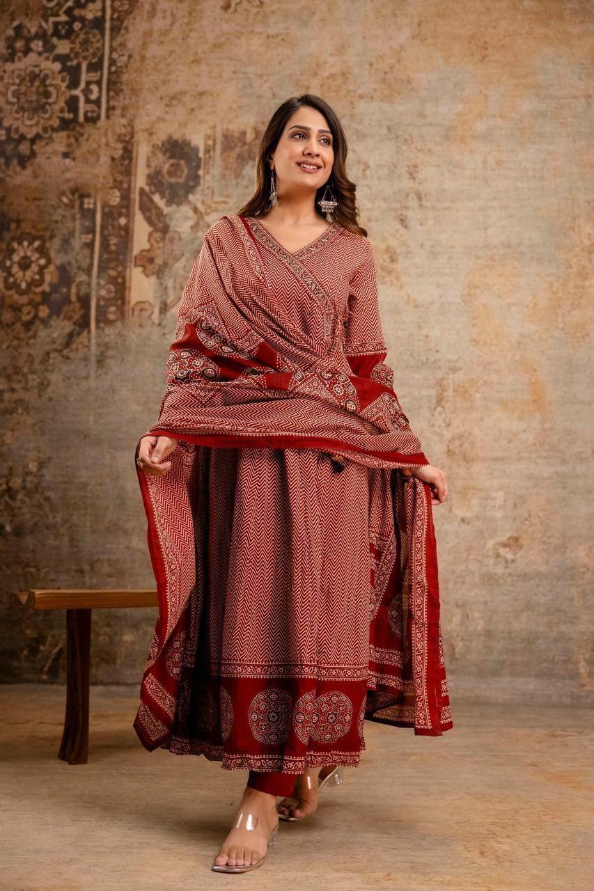 Women’s Cotton Zig Zag Angrakha Anarkali Kurti Set with Pant and Soft Mulmul Dupatta