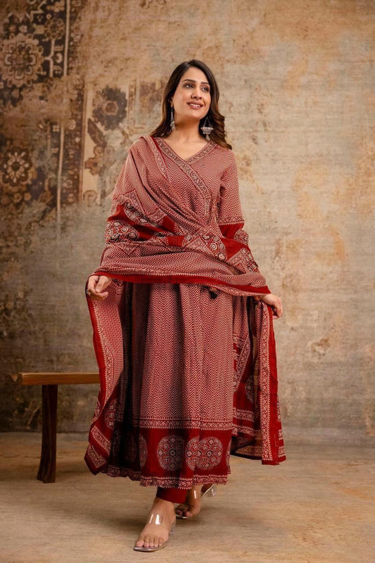 Women’s Cotton Zig Zag Angrakha Anarkali Kurti Set with Pant and Soft Mulmul Dupatta