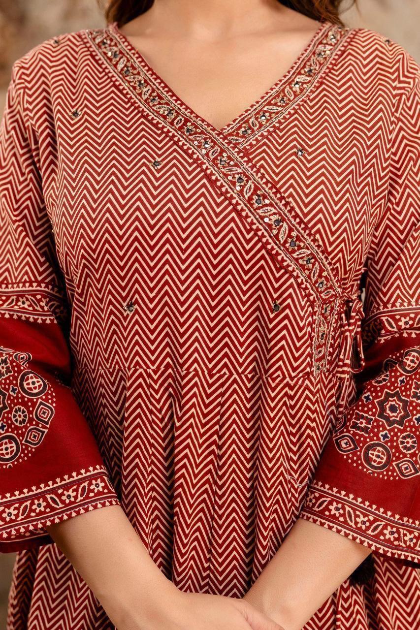 Women’s Cotton Zig Zag Angrakha Anarkali Kurti Set with Pant and Soft Mulmul Dupatta