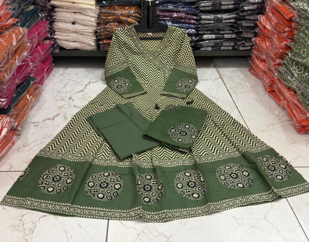 Beautiful Cotton Zig-Zag Angrakha Style Anarkali Kurti Set with Pant & Mulmul Dupatta