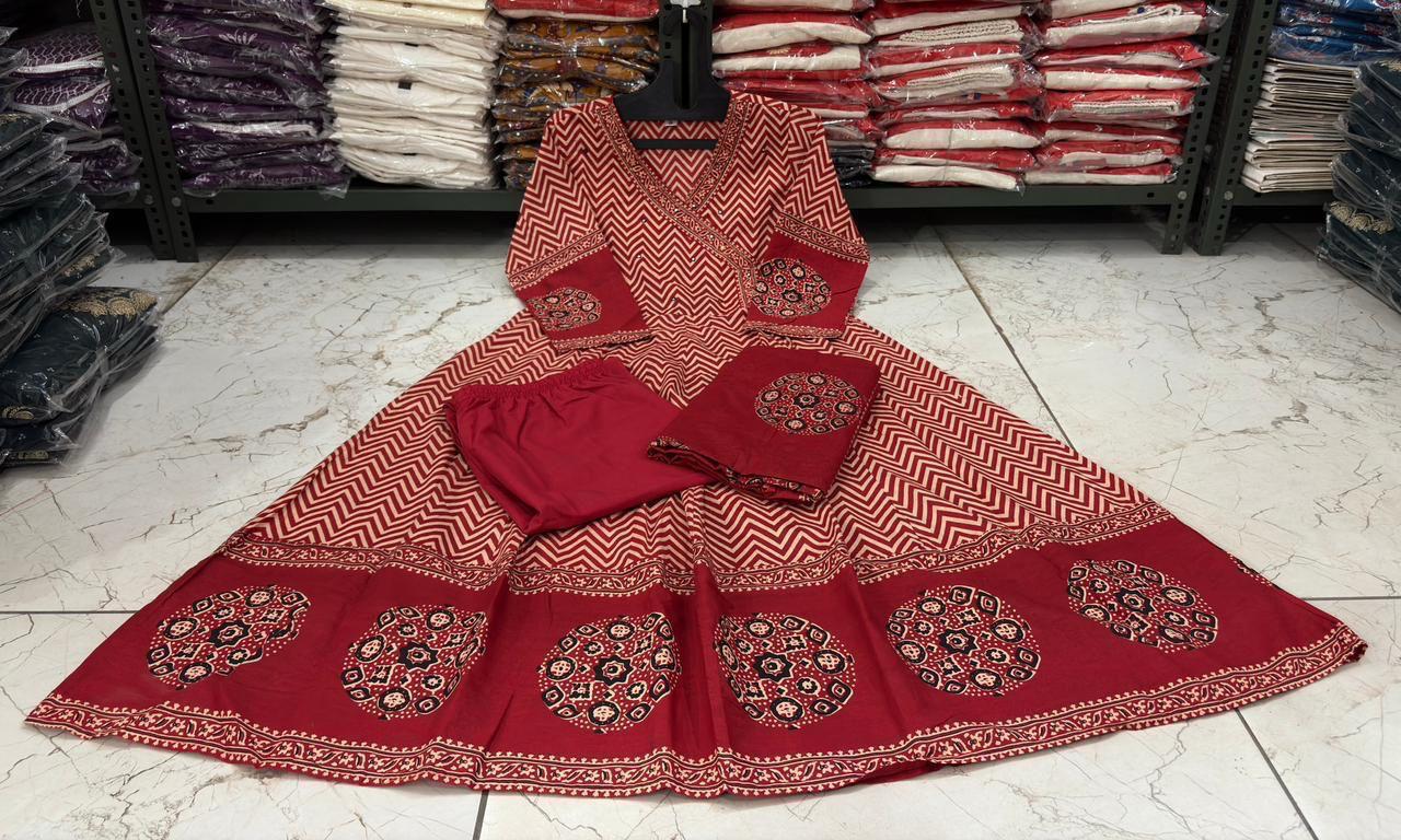 Women’s Cotton Zig Zag Angrakha Anarkali Kurti Set with Pant and Soft Mulmul Dupatta