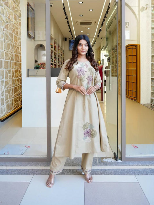 Beautifully Cotton flex cord set kurta set with full embroidery work With both side pocket in kurti on pocket with embroidery work