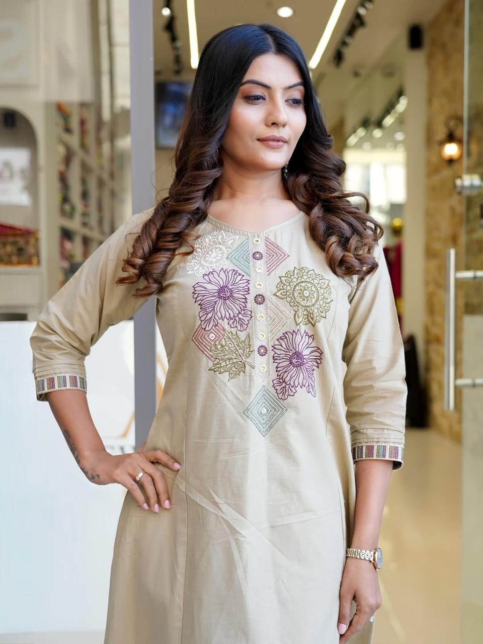 Beautifully Cotton flex cord set kurta set with full embroidery work With both side pocket in kurti on pocket with embroidery work