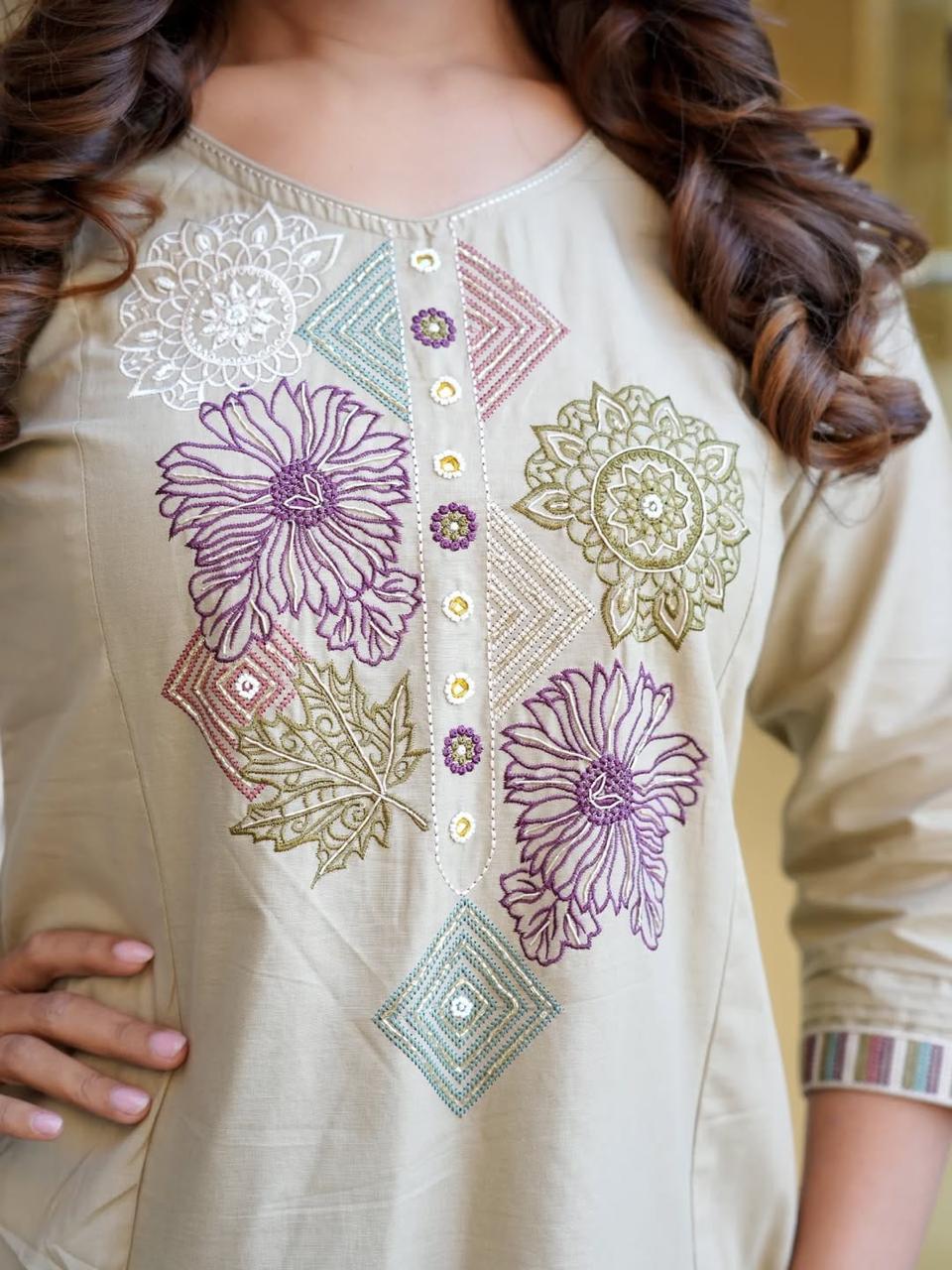 Beautifully Cotton flex cord set kurta set with full embroidery work With both side pocket in kurti on pocket with embroidery work