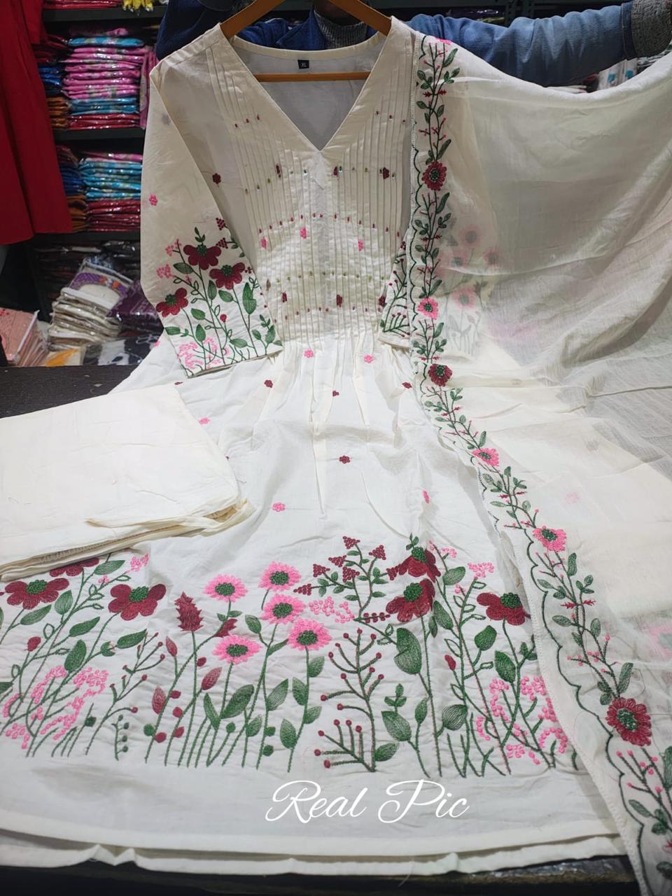 Bagrubazzar Premium Pure Cotton Anarkali Suit Set with Adda Work & Embroidered Dupatta