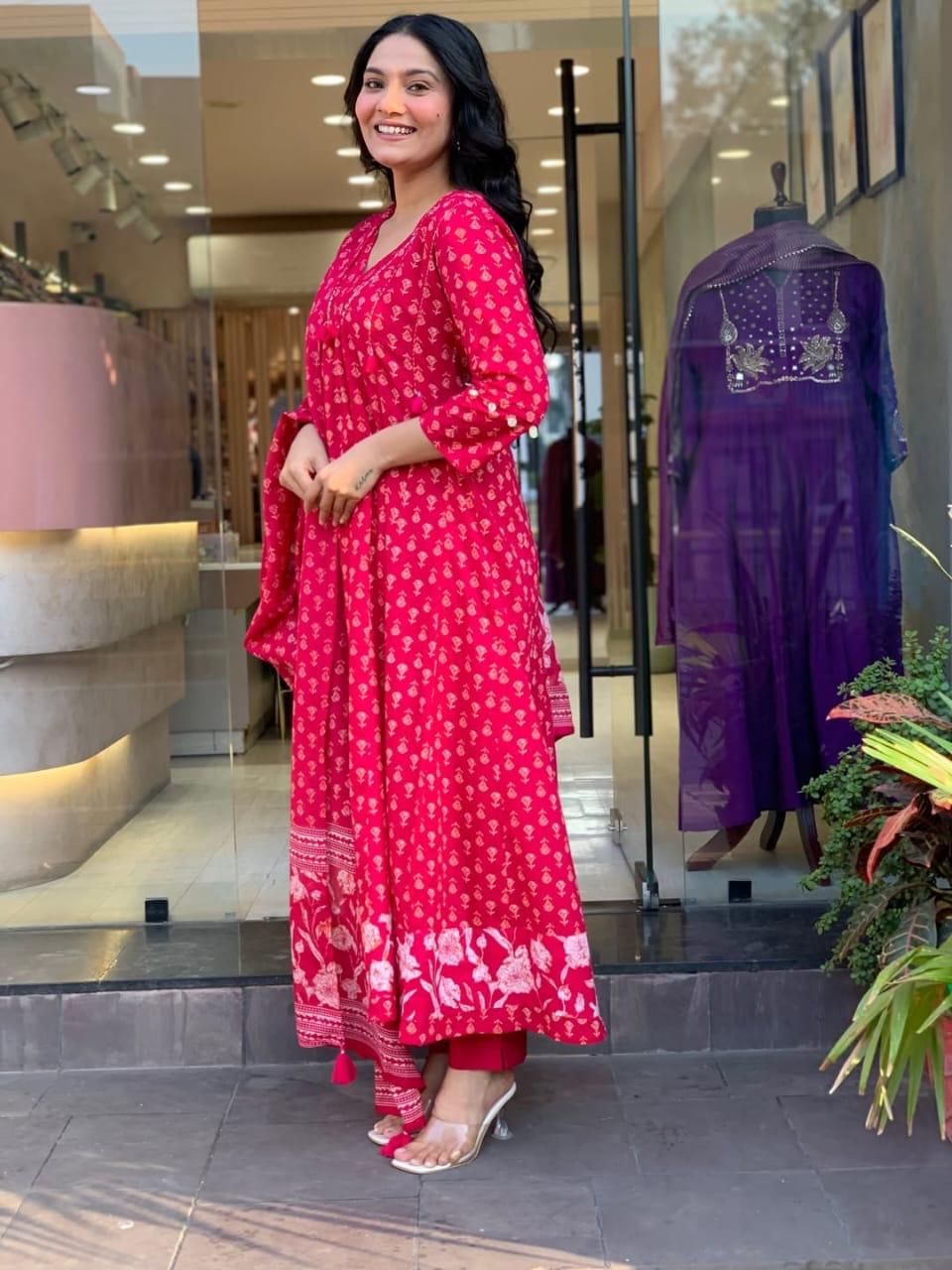 Printed Cotton Anarkali Kurti Set with Palazzo & Mulmul Dupatta – 3 Piece Ethnic Suit for Women