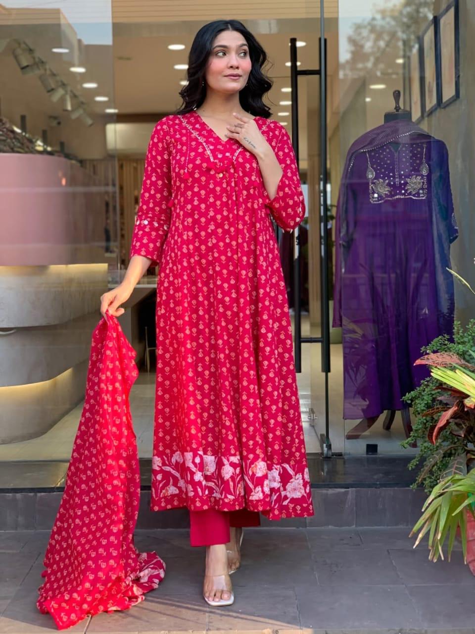Printed Cotton Anarkali Kurti Set with Palazzo & Mulmul Dupatta – 3 Piece Ethnic Suit for Women