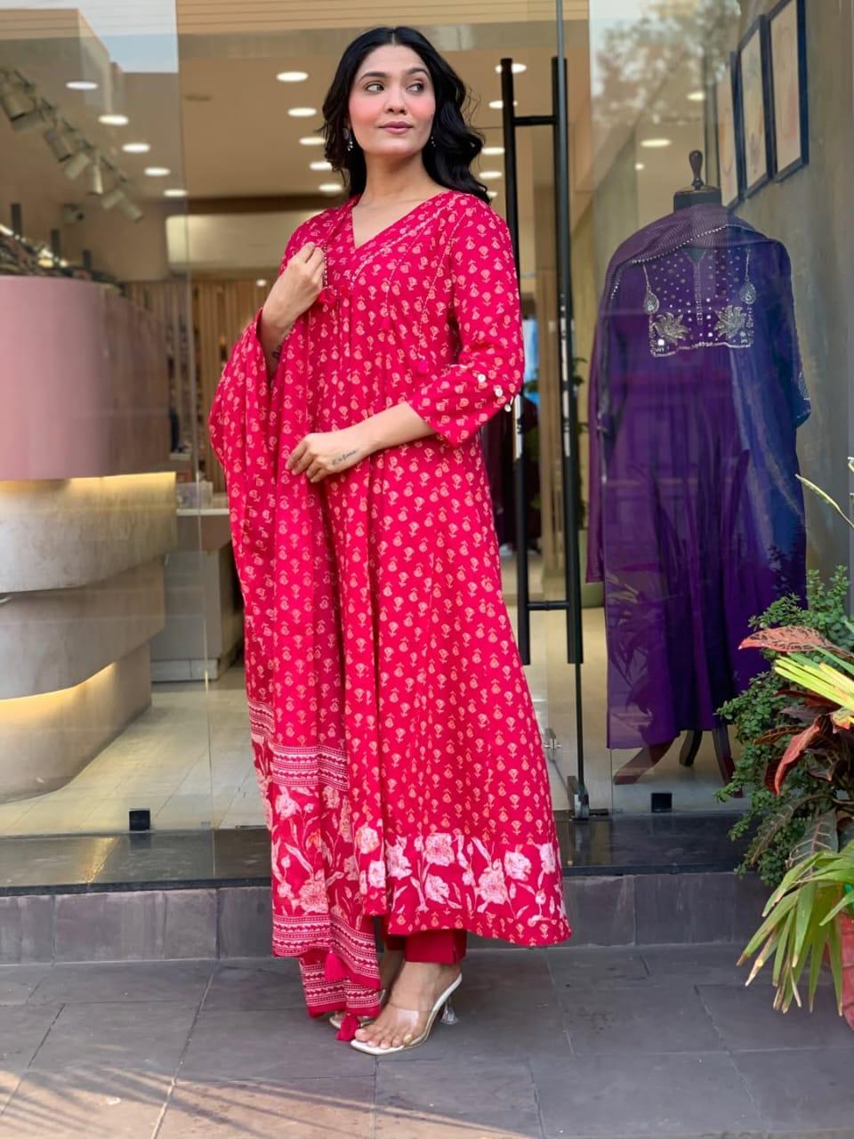 Printed Cotton Anarkali Kurti Set with Palazzo & Mulmul Dupatta – 3 Piece Ethnic Suit for Women
