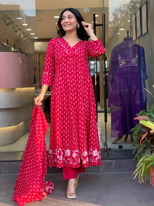 Printed Cotton Anarkali Kurti Set with Palazzo & Mulmul Dupatta – 3 Piece Ethnic Suit for Women