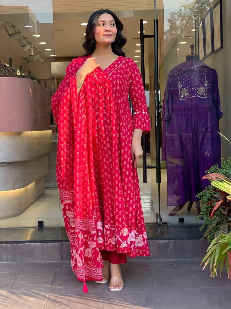 Printed Cotton Anarkali Kurti Set with Palazzo & Mulmul Dupatta – 3 Piece Ethnic Suit for Women