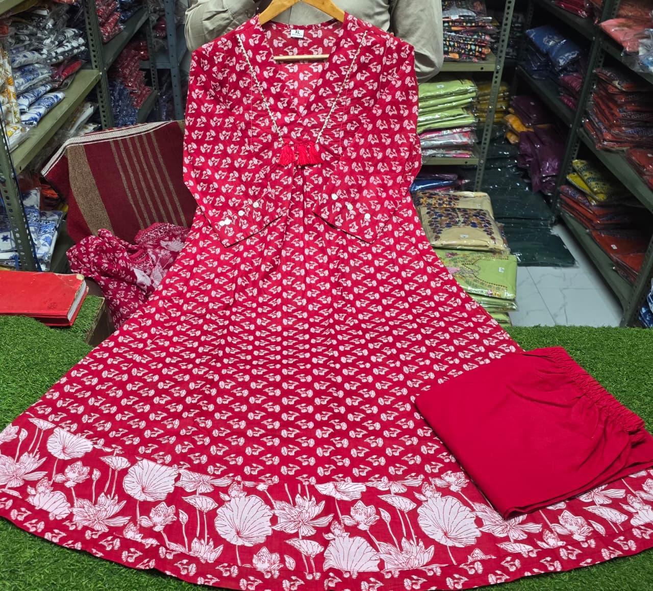 Printed Cotton Anarkali Kurti Set with Palazzo & Mulmul Dupatta – 3 Piece Ethnic Suit for Women