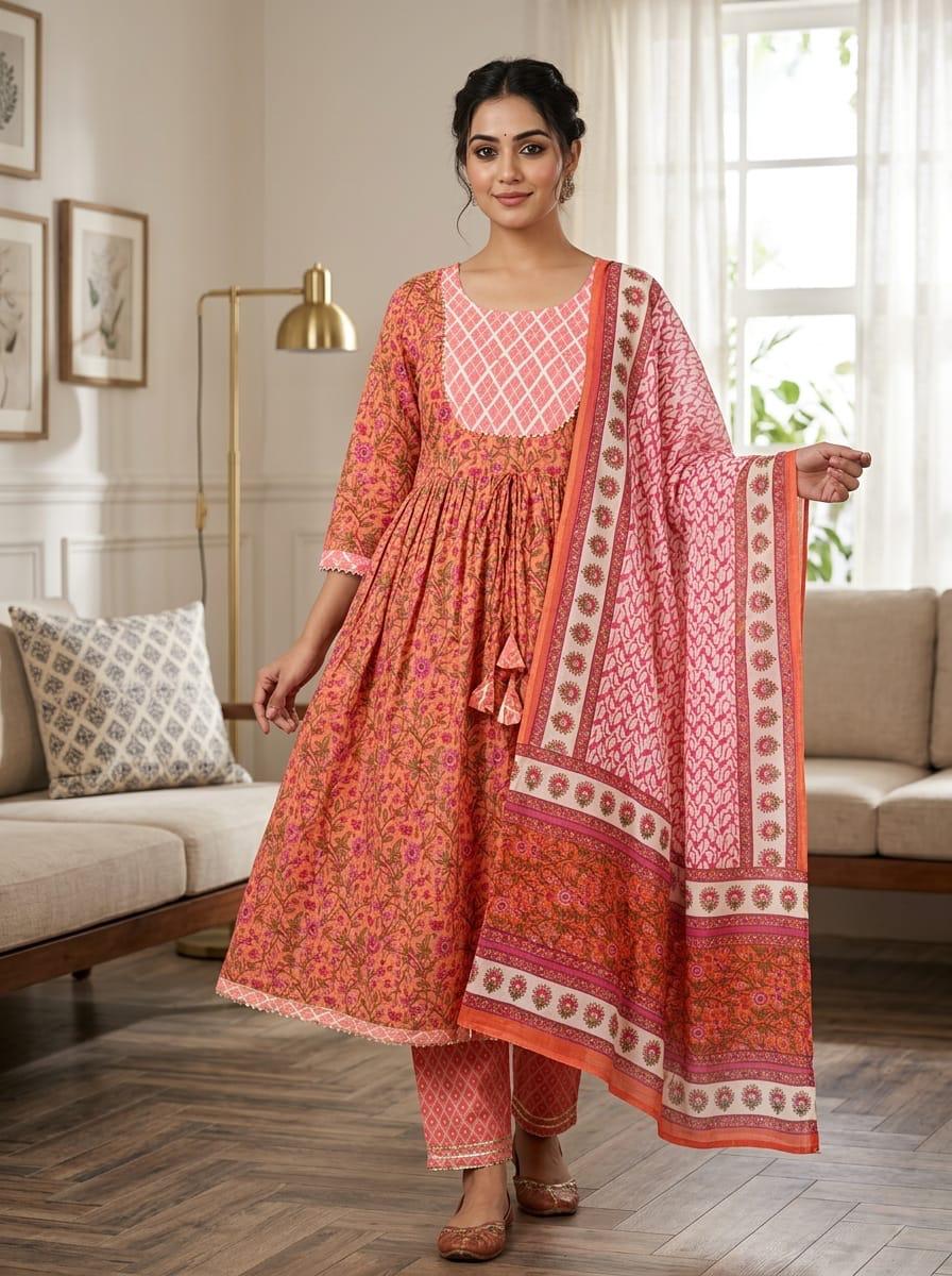 Elegant Heavy Printed Anarkali Suit Set with Gota Lace Work Yoke & Mulmul Dupatta