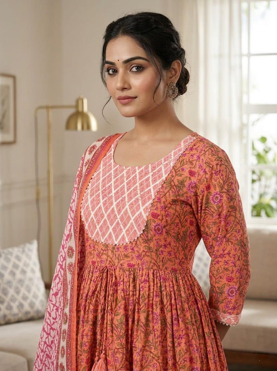 Elegant Heavy Printed Anarkali Suit Set with Gota Lace Work Yoke & Mulmul Dupatta