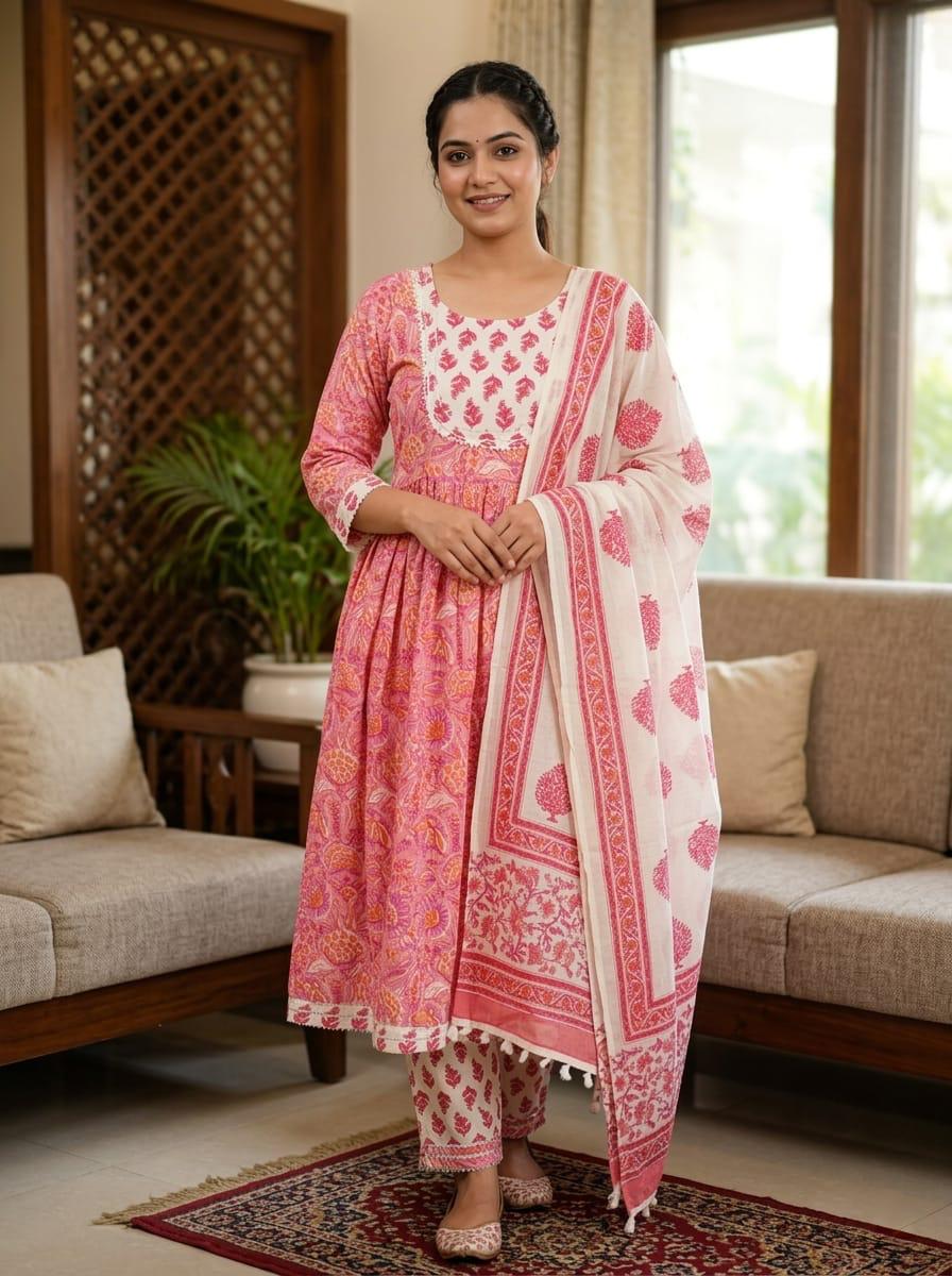Designer Heavy Anarkali Suit Set with Prossen Print, Gota Lace Yoke & Matching Pants