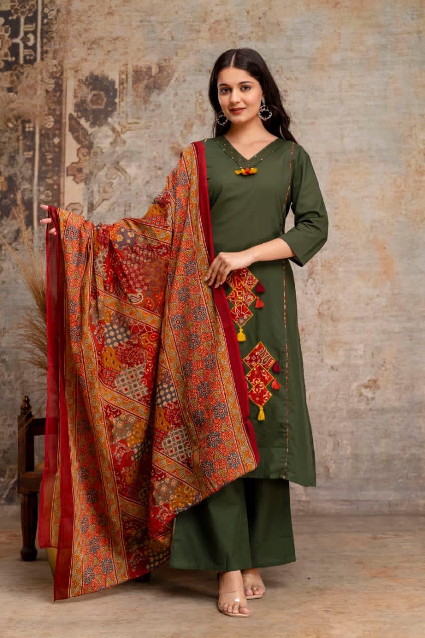 Bagrubazzar Women Pure Cotton Kurti Pant Set with Cotton Dupatta – Handwork Neck Ethnic Suit