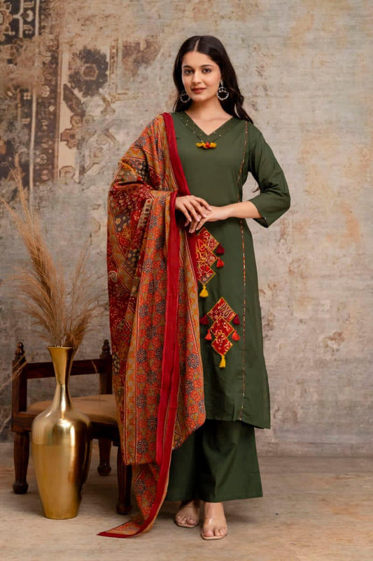 Bagrubazzar Women Pure Cotton Kurti Pant Set with Cotton Dupatta – Handwork Neck Ethnic Suit