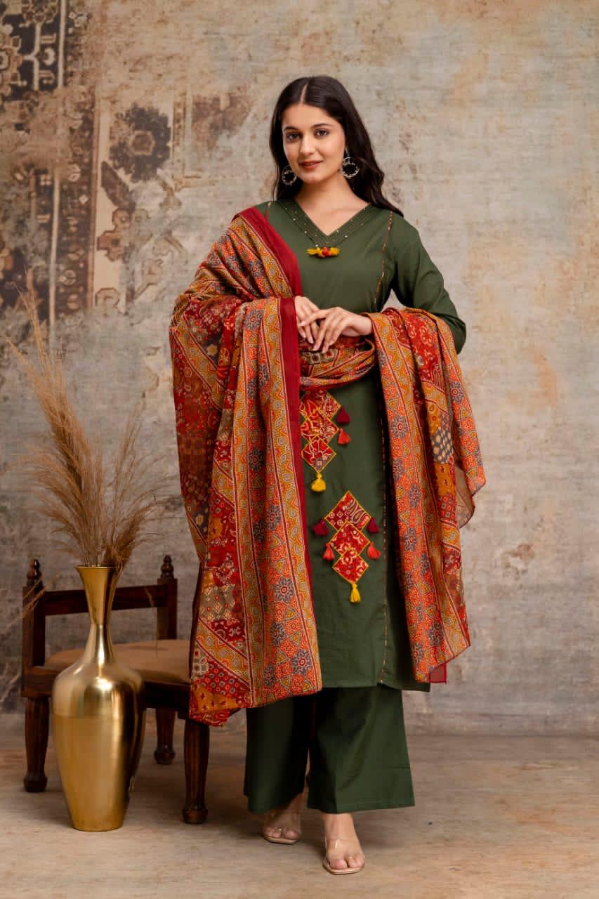 Bagrubazzar Women Pure Cotton Kurti Pant Set with Cotton Dupatta – Handwork Neck Ethnic Suit