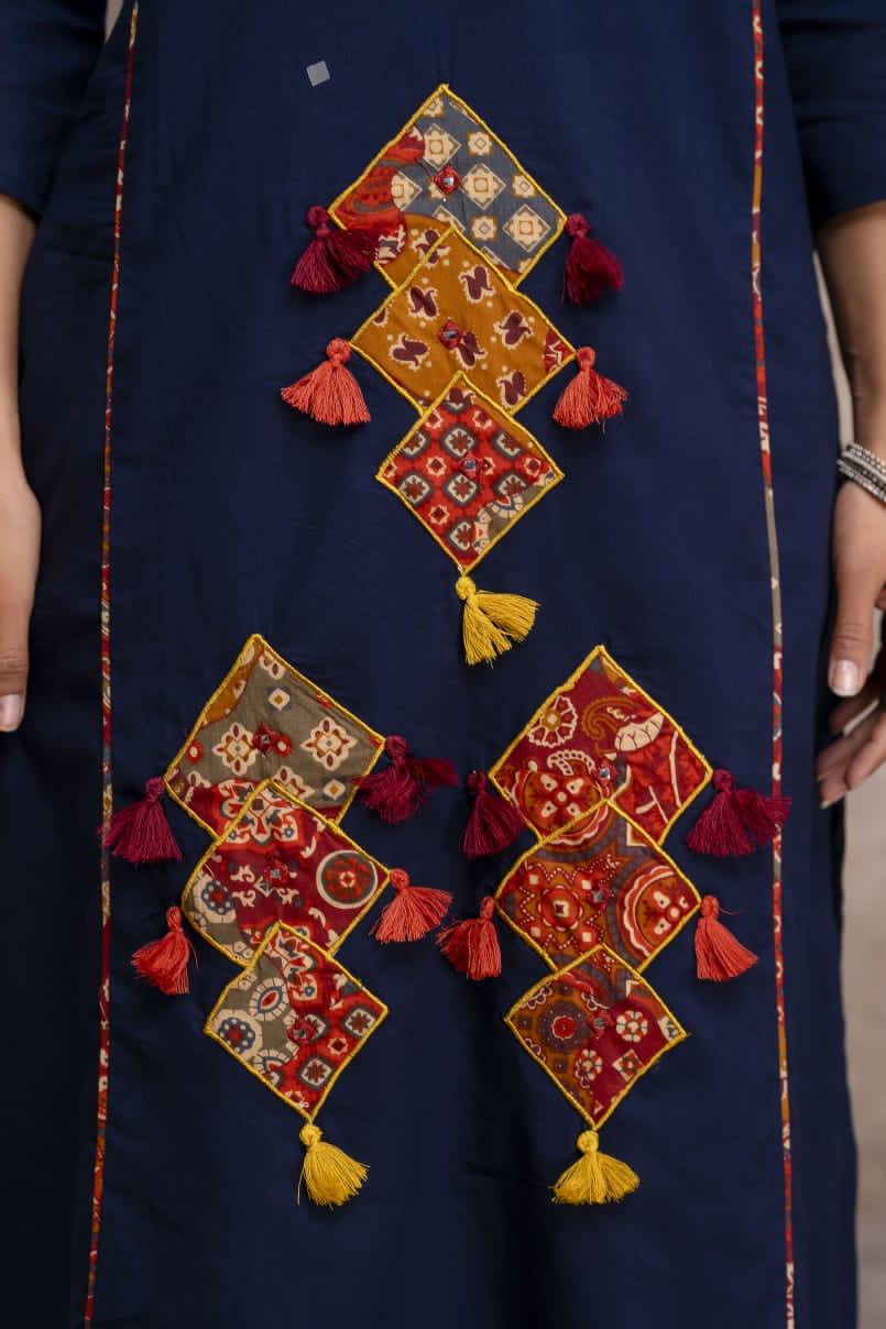 Women’s 3 Piece Pure Cotton Kurti Set with Pant & 100% Cotton Dupatta – Handwork Neck