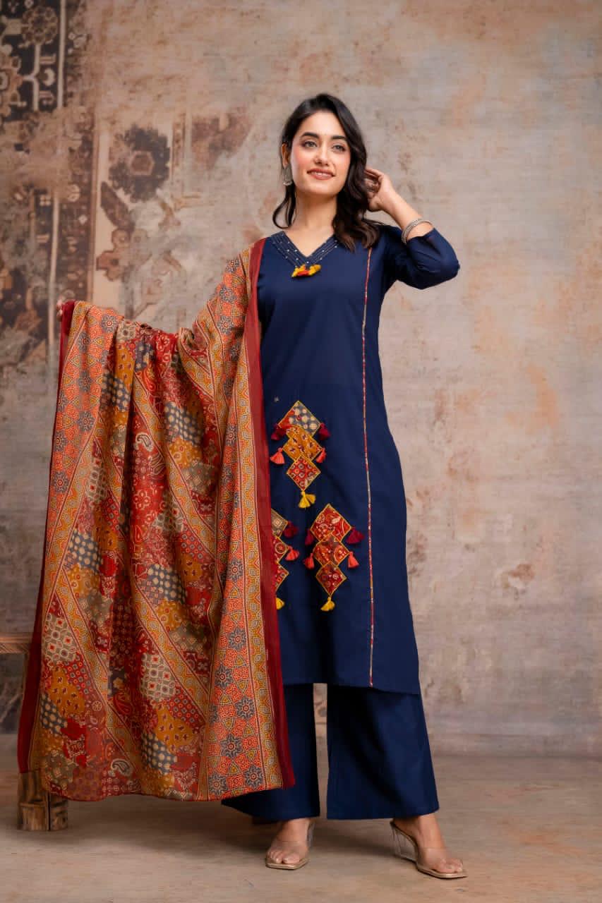 Women’s 3 Piece Pure Cotton Kurti Set with Pant & 100% Cotton Dupatta – Handwork Neck