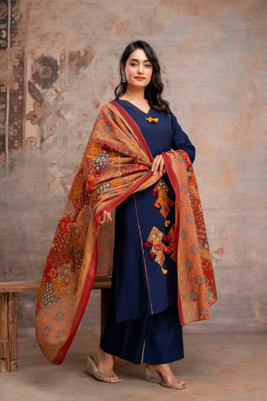 Women’s 3 Piece Pure Cotton Kurti Set with Pant & 100% Cotton Dupatta – Handwork Neck
