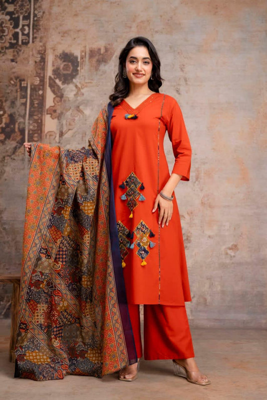 Pure Cotton Kurti Pant Set for Women with 100% Cotton Dupatta – Handwork Neck Ethnic Suit
