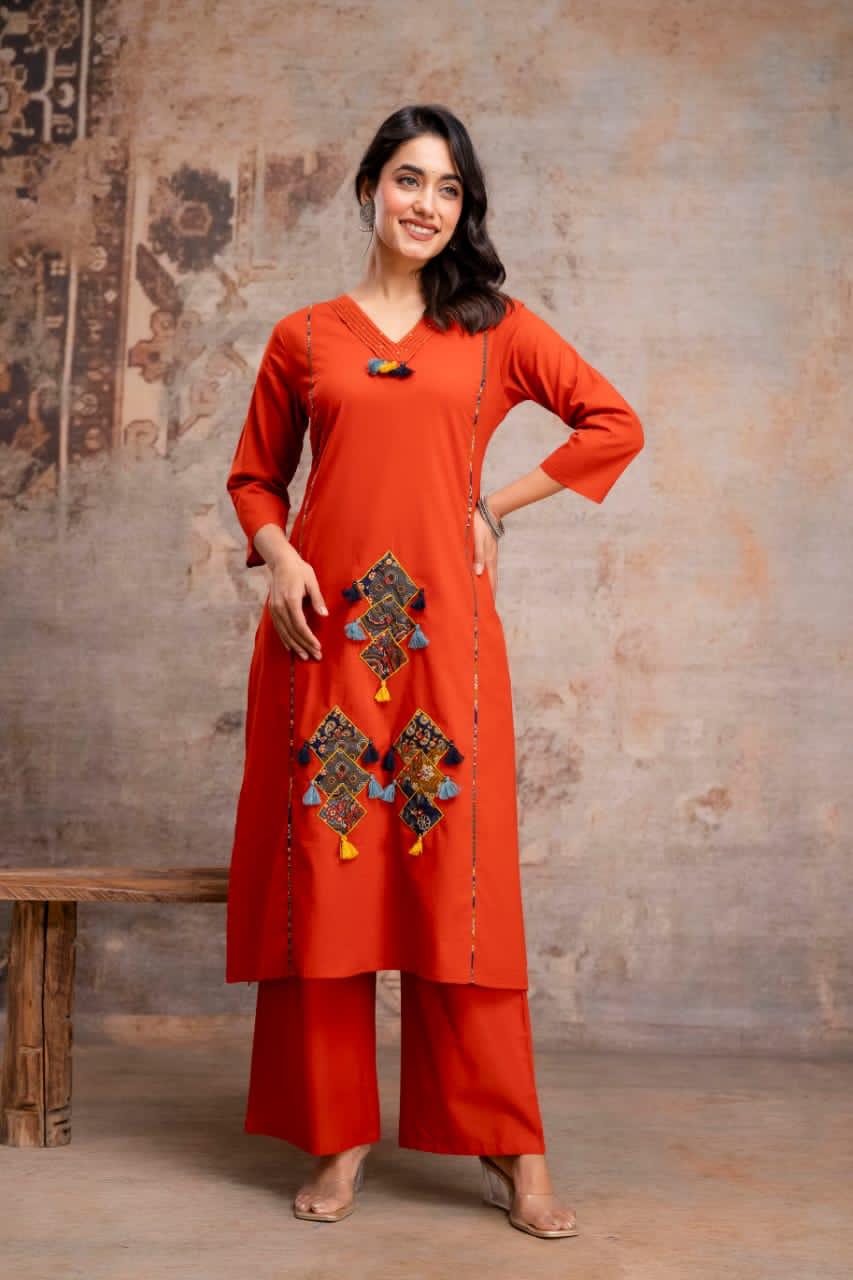 Pure Cotton Kurti Pant Set for Women with 100% Cotton Dupatta – Handwork Neck Ethnic Suit
