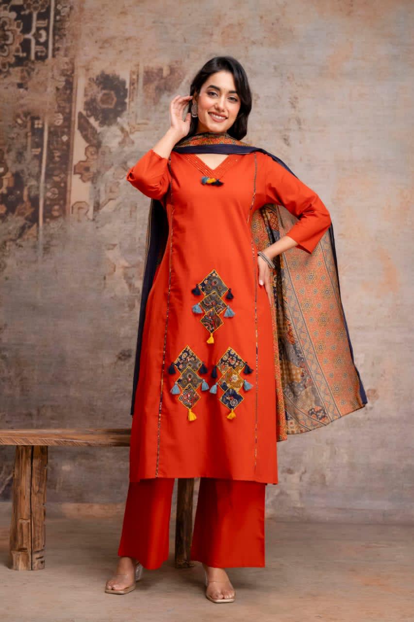 Pure Cotton Kurti Pant Set for Women with 100% Cotton Dupatta – Handwork Neck Ethnic Suit