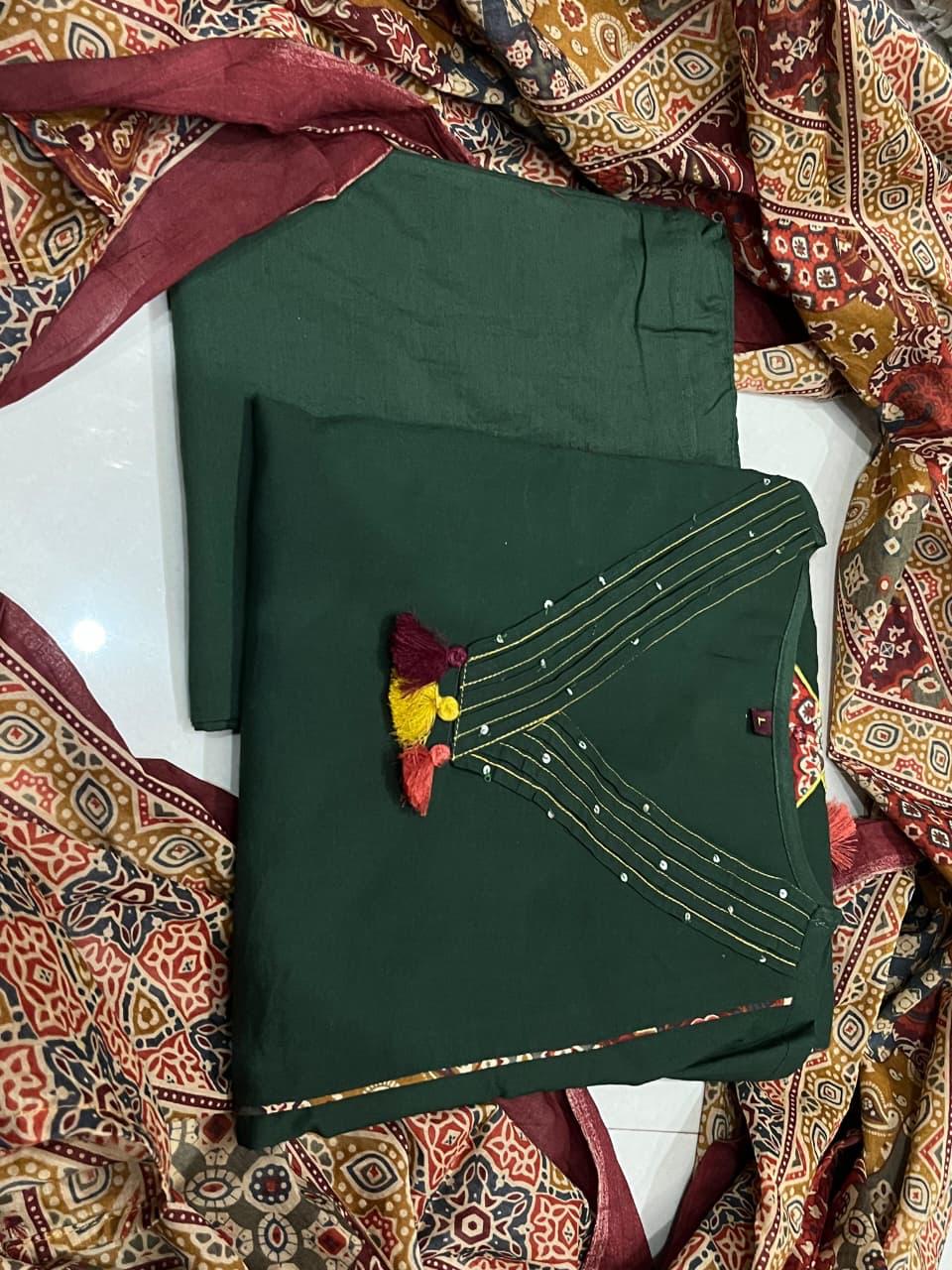 Bagrubazzar Women Pure Cotton Kurti Pant Set with Cotton Dupatta – Handwork Neck Ethnic Suit