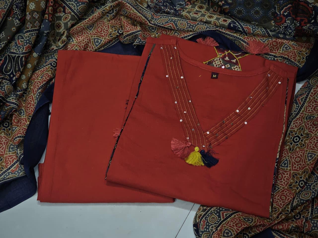 Pure Cotton Kurti Pant Set for Women with 100% Cotton Dupatta – Handwork Neck Ethnic Suit