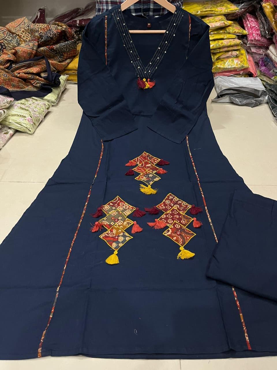 Women’s 3 Piece Pure Cotton Kurti Set with Pant & 100% Cotton Dupatta – Handwork Neck