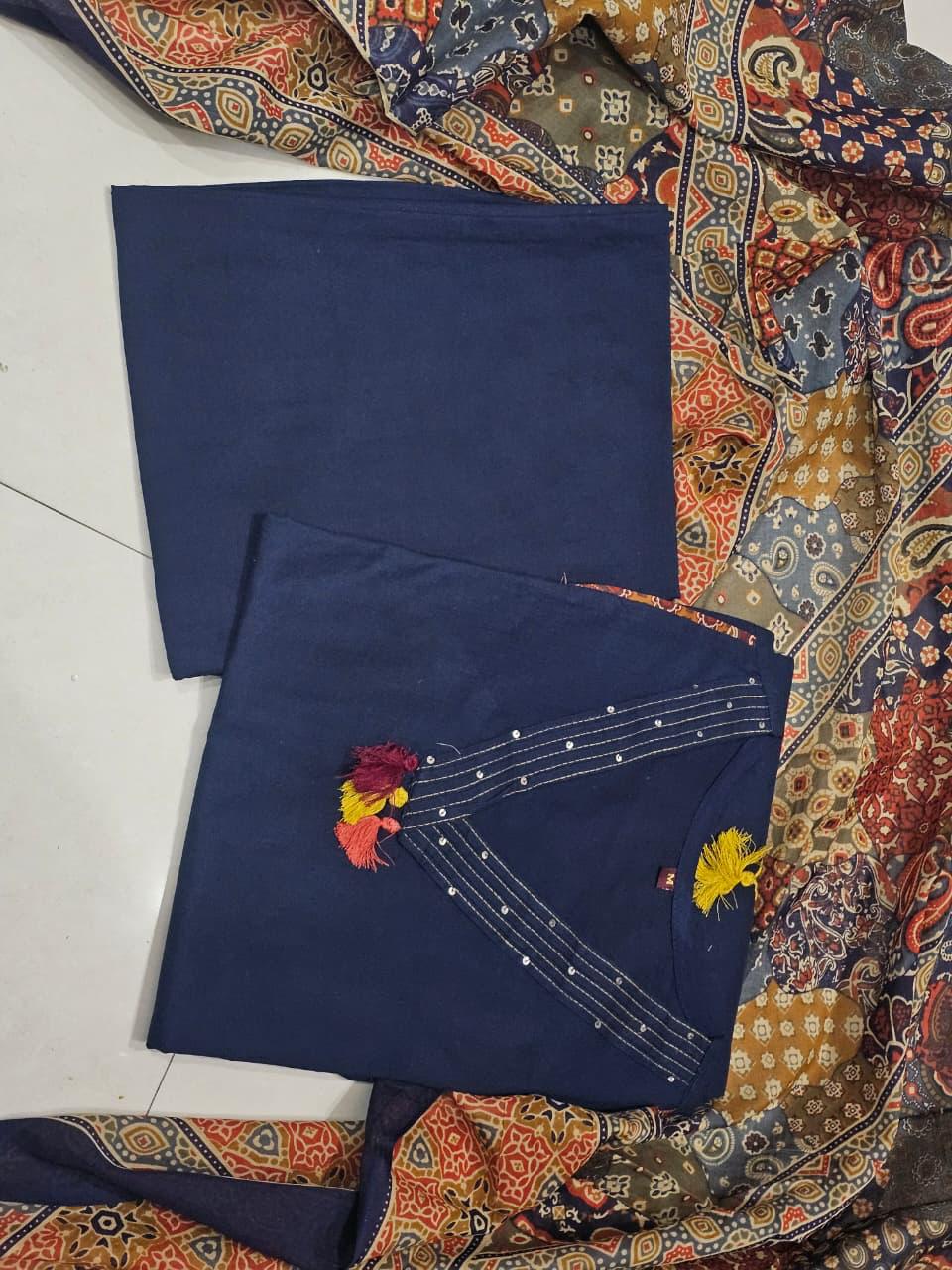 Women’s 3 Piece Pure Cotton Kurti Set with Pant & 100% Cotton Dupatta – Handwork Neck