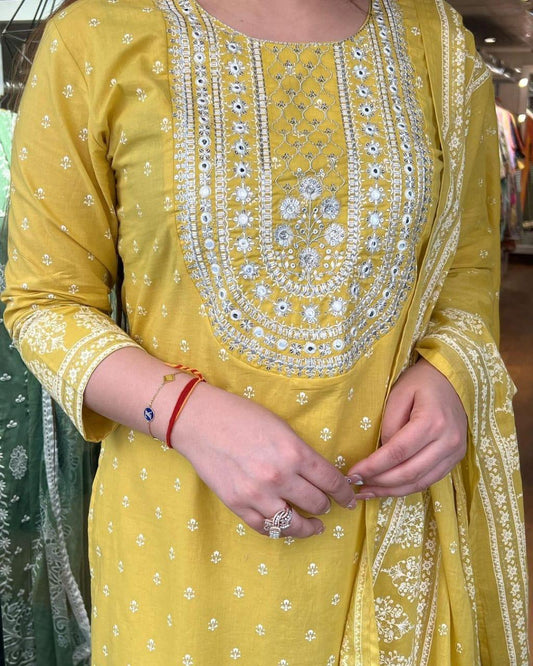 Designer Printed Cotton Kurta Set for Women with Sequin Mirror Work & Dupatta