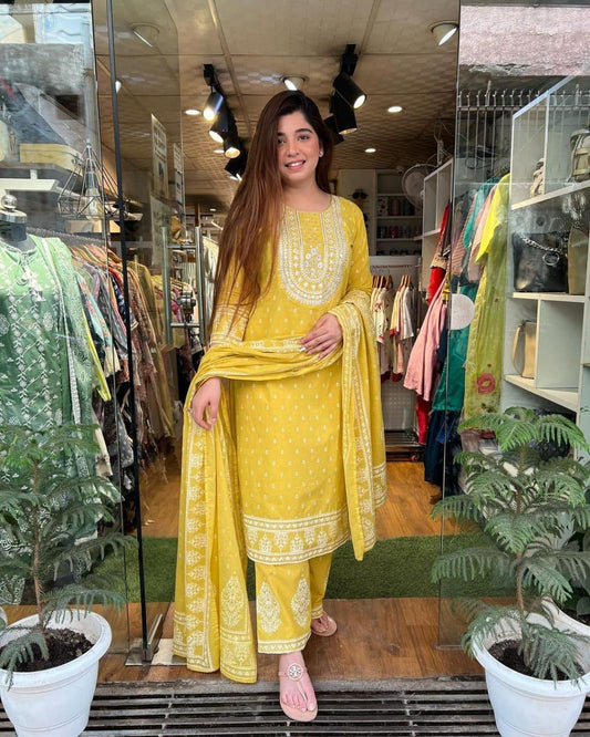 Designer Printed Cotton Kurta Set for Women with Sequin Mirror Work & Dupatta