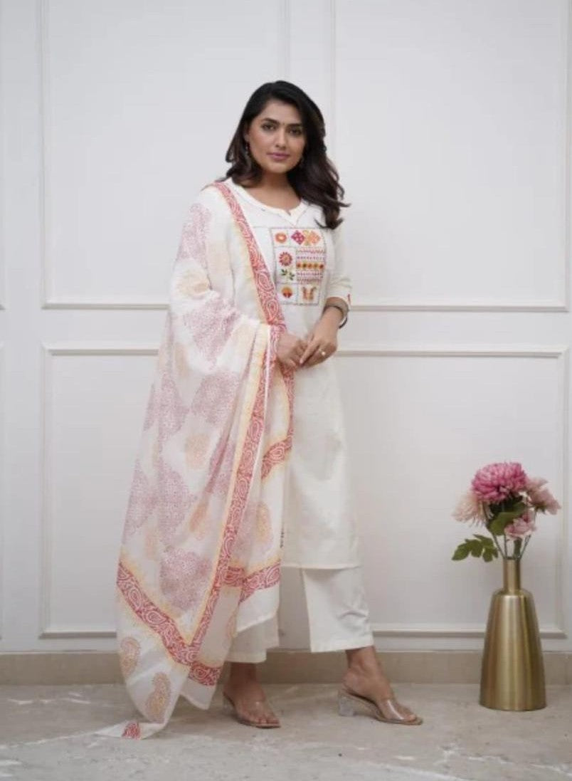 Bagrubazzar Women Cotton Kurta Set with Pant & Dupatta – 3 Piece Ethnic Suit