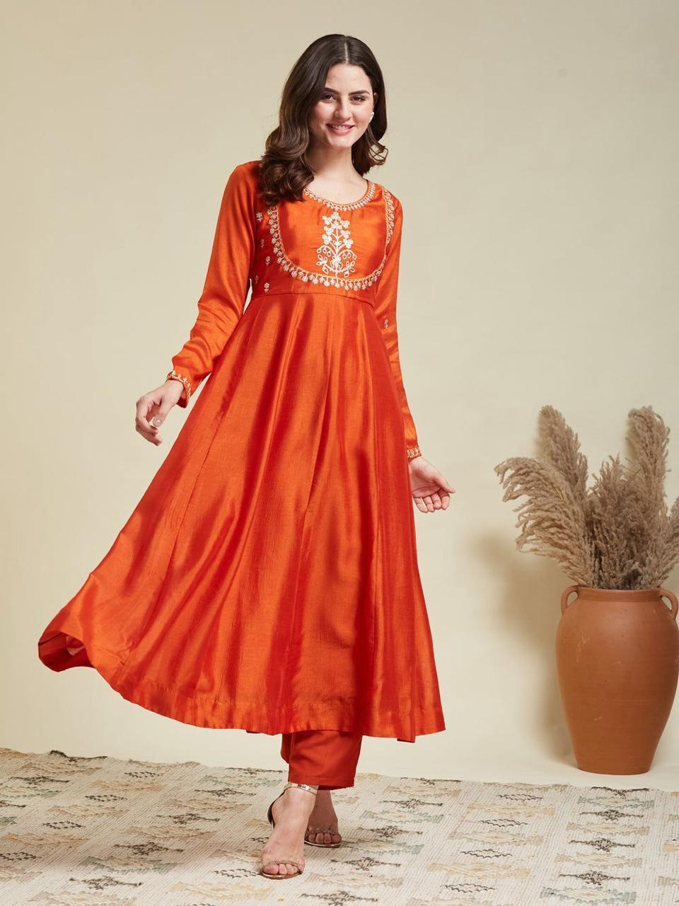 Bagrubazzar Women’s Flared Cotton Kurta Set with Embroidery Yoke, Embroidered Sleeve Border, Matching Pants & Malmal Dupatta