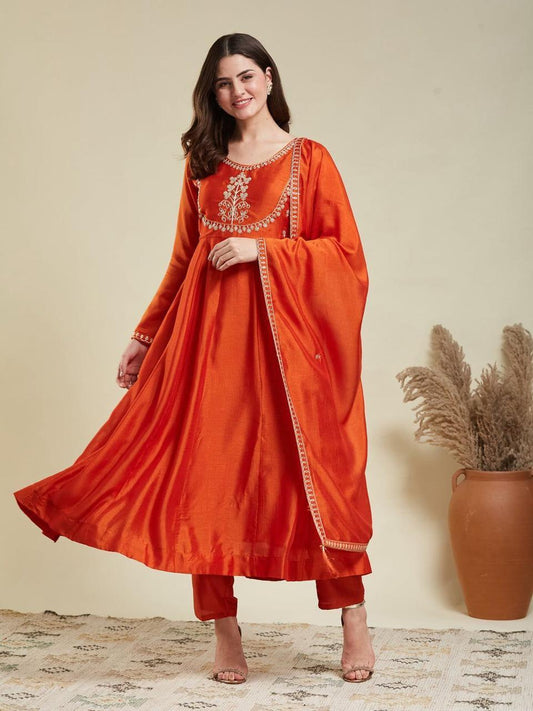 Bagrubazzar Women’s Flared Cotton Kurta Set with Embroidery Yoke, Embroidered Sleeve Border, Matching Pants & Malmal Dupatta