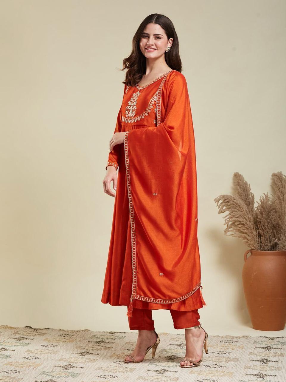 Bagrubazzar Women’s Flared Cotton Kurta Set with Embroidery Yoke, Embroidered Sleeve Border, Matching Pants & Malmal Dupatta