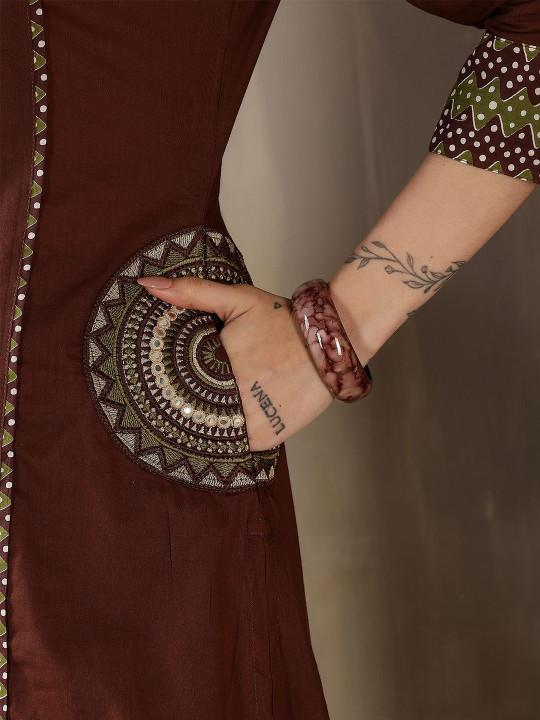 Bagrubazzar Brown Pure Cotton Kurti Pant Dupatta Set for Women | Premium Ethnic Wear (BBKF28)