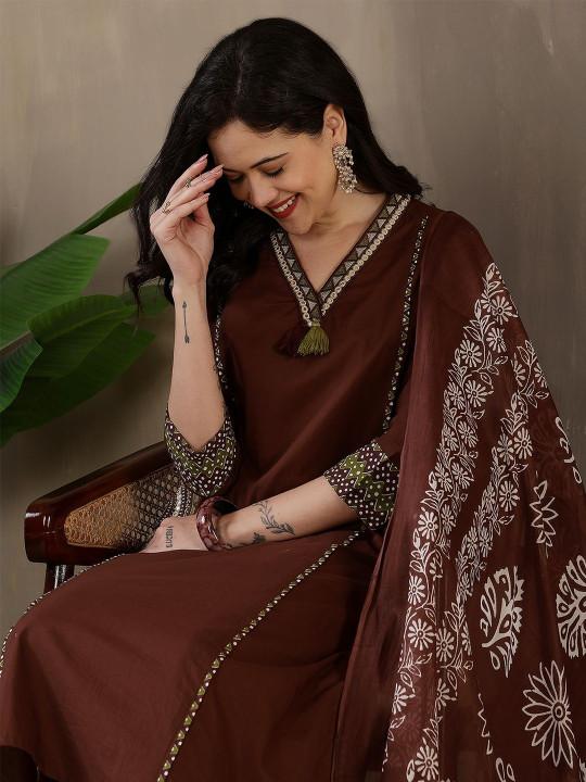 Bagrubazzar Brown Pure Cotton Kurti Pant Dupatta Set for Women | Premium Ethnic Wear (BBKF28)