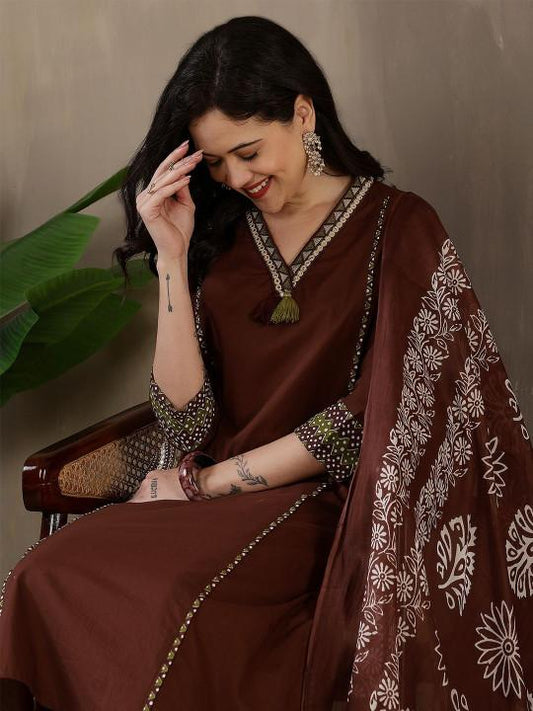 Bagrubazzar Brown Pure Cotton Kurti Pant Dupatta Set for Women | Premium Ethnic Wear (BBKF28)