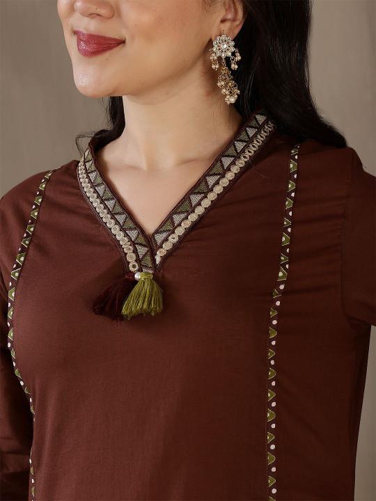 Bagrubazzar Brown Pure Cotton Kurti Pant Dupatta Set for Women | Premium Ethnic Wear (BBKF28)