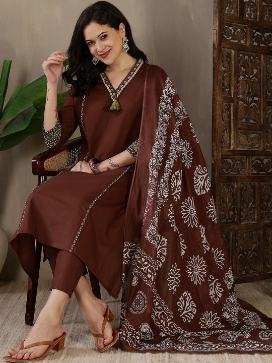 Bagrubazzar Brown Pure Cotton Kurti Pant Dupatta Set for Women | Premium Ethnic Wear (BBKF28)