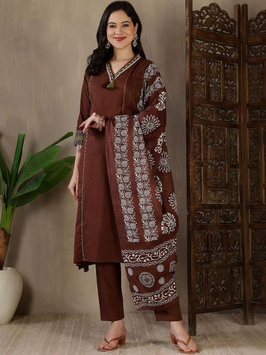 Bagrubazzar Brown Pure Cotton Kurti Pant Dupatta Set for Women | Premium Ethnic Wear (BBKF28)