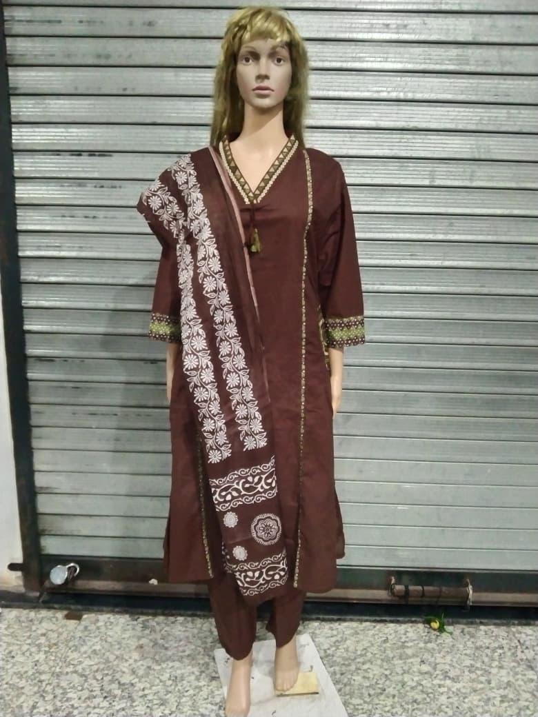 Bagrubazzar Brown Pure Cotton Kurti Pant Dupatta Set for Women | Premium Ethnic Wear (BBKF28)