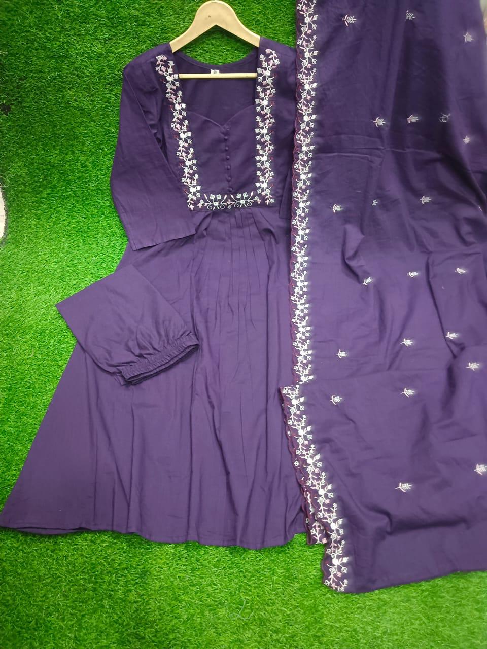 Bagrubazzar Ethnic Pure Cotton Kurta Set with Embroidered Yoke, Pant & Dupatta