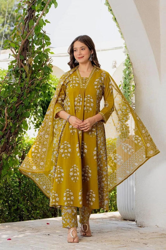 Bagrubazzar Pure Fine Cotton Kurti Pant Set with Lightweight Mulmul Dupatta for Women