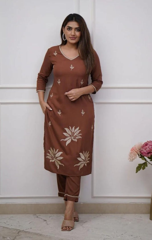 Pure Cotton Embroidered Kurti Set with Pant | Summer Ethnic Wear | Bagrubazzar
