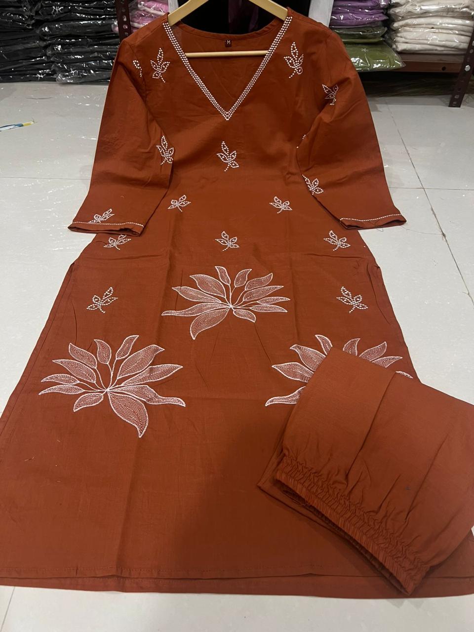 Pure Cotton Embroidered Kurti Set with Pant | Summer Ethnic Wear | Bagrubazzar